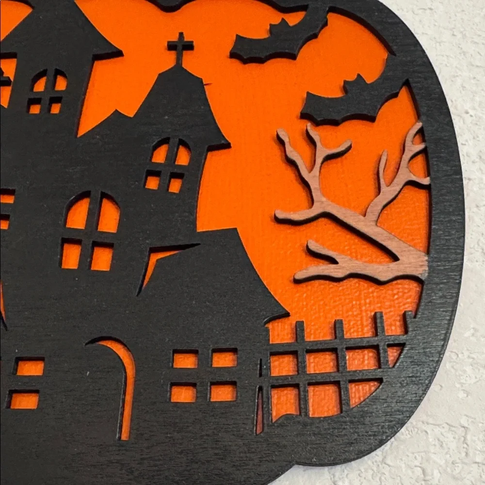 Handcrafted Wooden Sign of Halloween Haunted House Pumpkin Wall Decor
